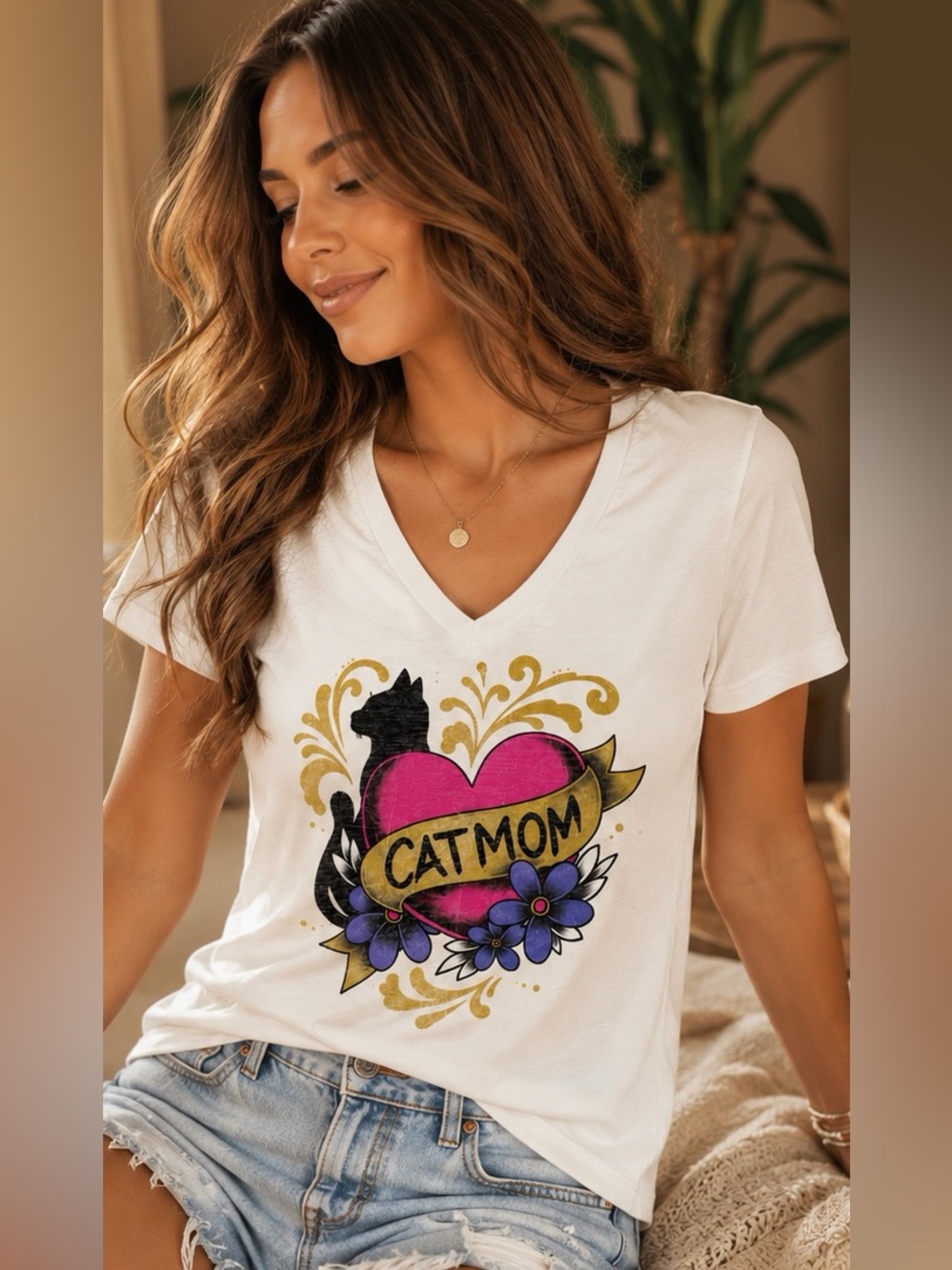 Cat Mom VNeck Graphic Tee Chic Vintage Tattoo Boho Floral Ultra Soft Shirt Small